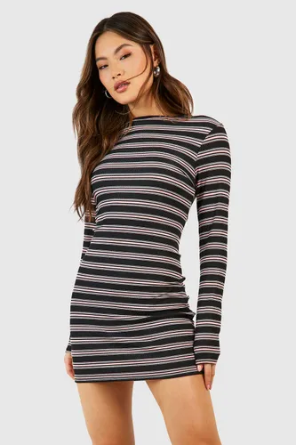 Womens Stripe Rib Long Sleeve Mini Dress - Black - 16, Black