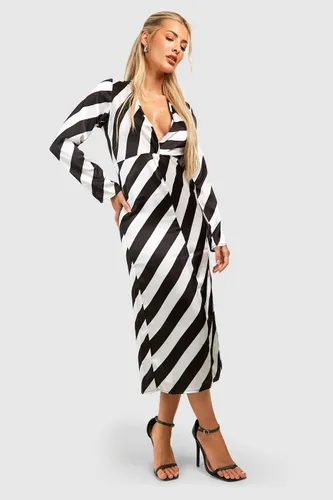 Womens Stripe Satin Twist Front Midaxi Dress - Black - 8, Black