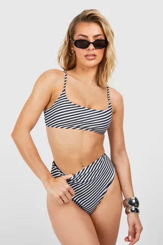 Womens Stripe Strappy High Waisted Bikini Set - Black - 6, Black