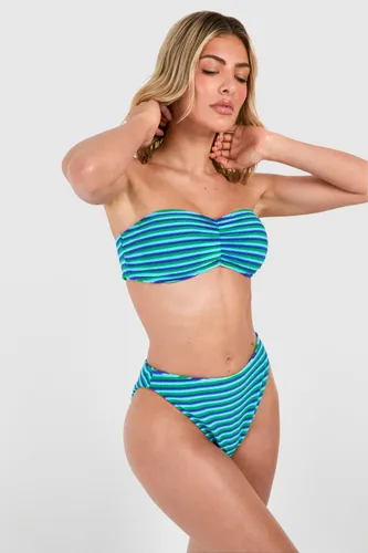Womens Stripe Towelling Ruched Bandeau Bikini Set - Blue - 6, Blue