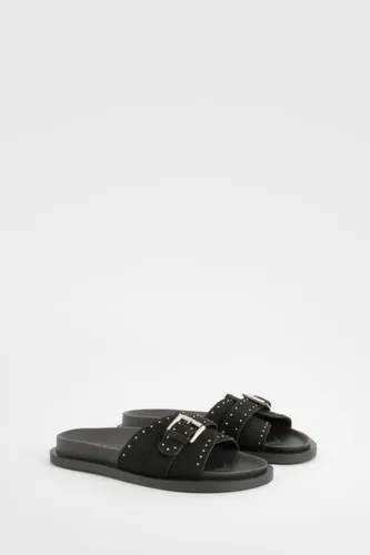 Womens Studded Leather Sliders - Black - 3, Black