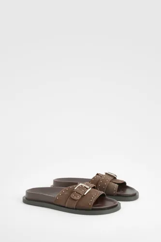 Womens Studded Leather Sliders - Brown - 4, Brown
