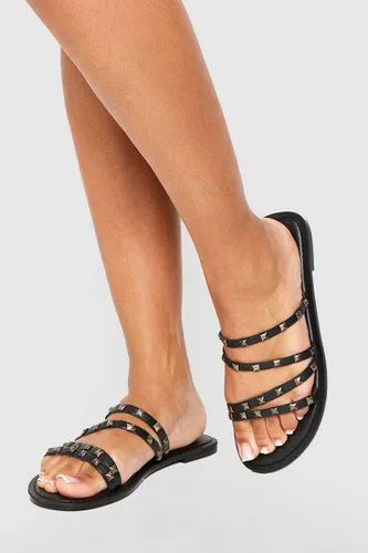 Womens Studded Multi Strap Slip On Sandals - Black - 3, Black