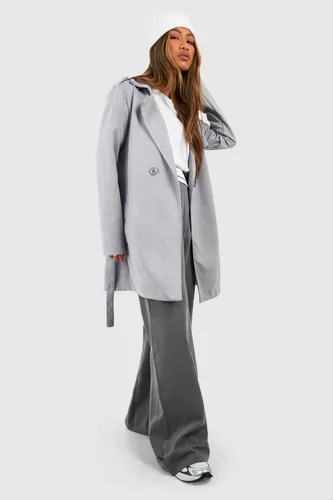 Womens Suede Look Longline Trench Coat - Grey - 8, Grey