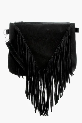 Womens Suedette Fringed Crossbody Bag - Black - One Size, Black