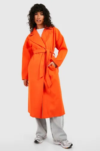 Womens Super Oversized Textured Belted Wool Coat - Orange - 10, Orange