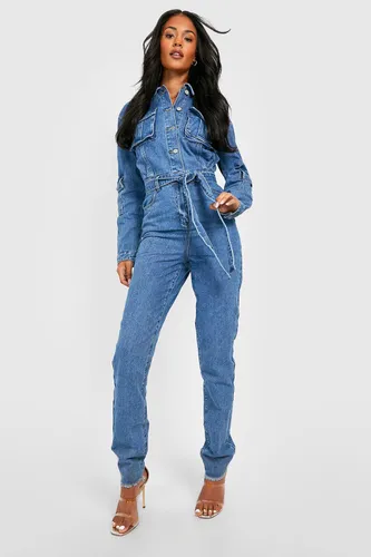 Womens Tall Belted Tapered Cargo Denim Boilersuit - Blue - 6, Blue