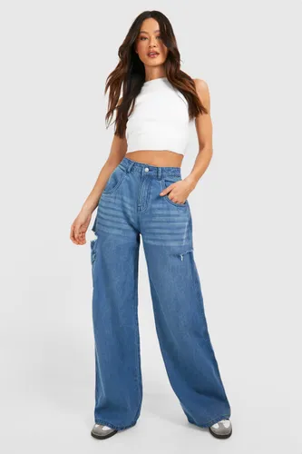 Womens Tall Blue Washed Side Rip Wide Leg Jeans - 8, Blue