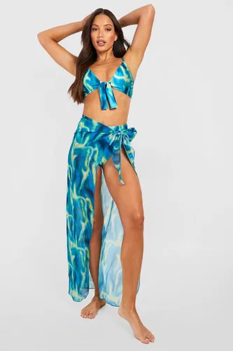 Womens Tall Blurred Abstract Tie Front High Waist Bikini Set - Blue - 6, Blue