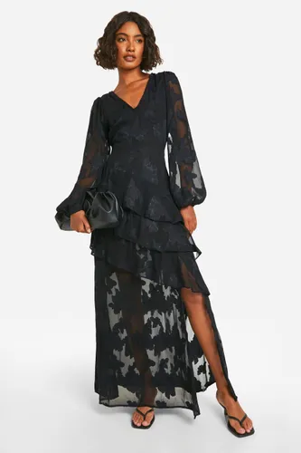 Womens Tall Burnout Floral Frill Detail Maxi Dress - Black - 8, Black