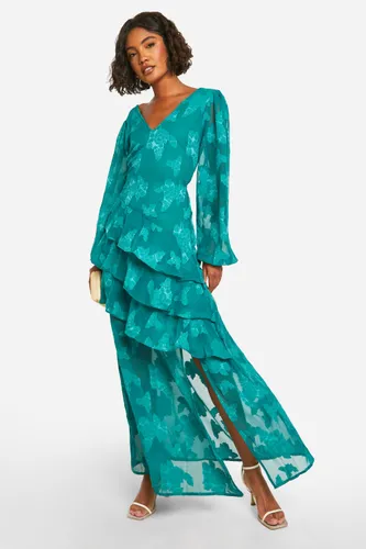 Womens Tall Burnout Floral Frill Detail Maxi Dress - Green - 8, Green