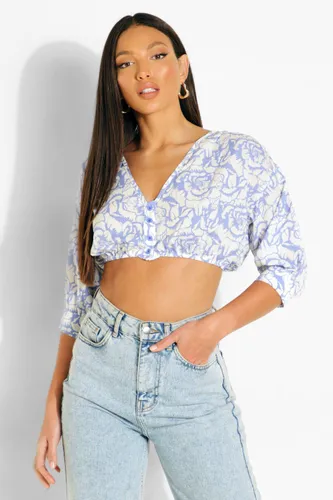 Womens Tall Button Front Puff Sleeve Crop Top - White - 8, White
