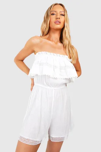 Womens Tall Cheesecloth Bandeau Frill Lace Trim Playsuit - White - 6, White