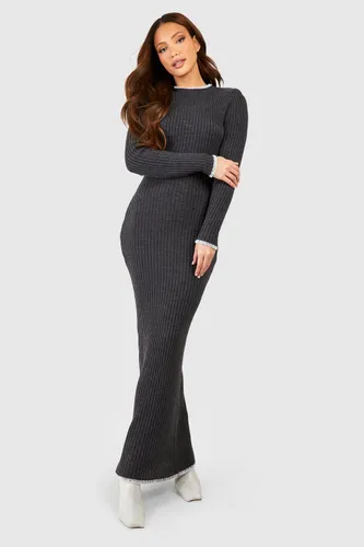 Womens Tall Contrast Whipstich Rib Knit Maxi Dress - Grey - L, Grey