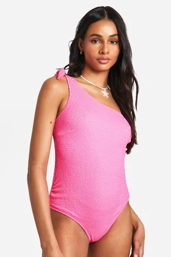 Womens Tall Crinkle One Shoulder Tie Detail Swimsuit - Pink - 8, Pink