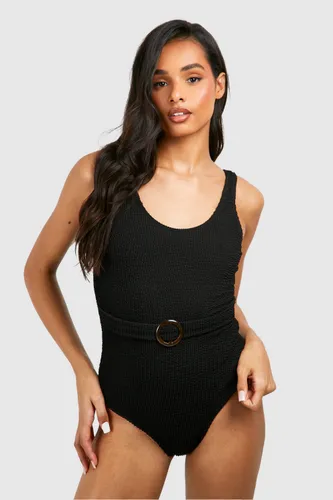 Womens Tall Crinkle Scoop Belted Swimsuit - Black - 8, Black