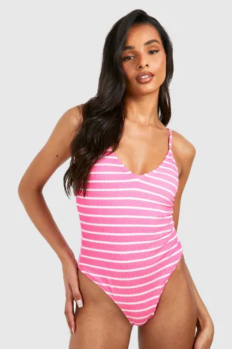 Womens Tall Crinkle Stripe Plunge Swimsuit - Pink - 8, Pink