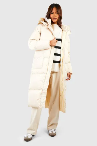 Womens Tall Faux Fur Hood Longline Padded Coat - Brown - 8, Brown