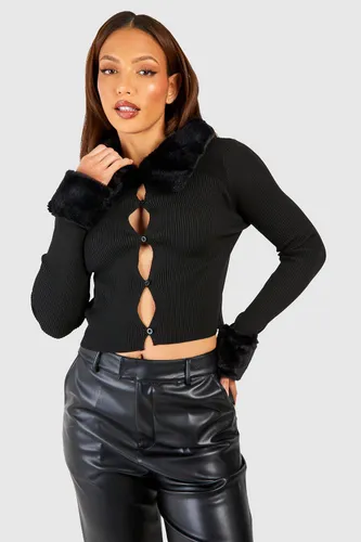 Womens Tall Faux Fur Trim Knitted Crop Cardigan - Black - S, Black