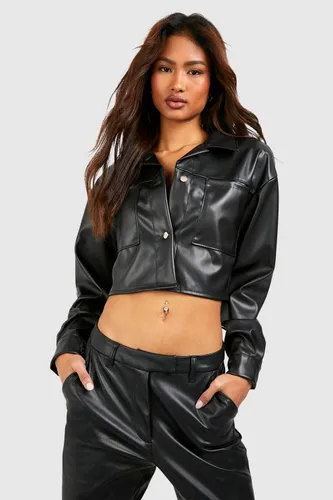 Womens Tall Faux Leather Pocket Detail Crop Oversized Jacket - Black - 12, Black