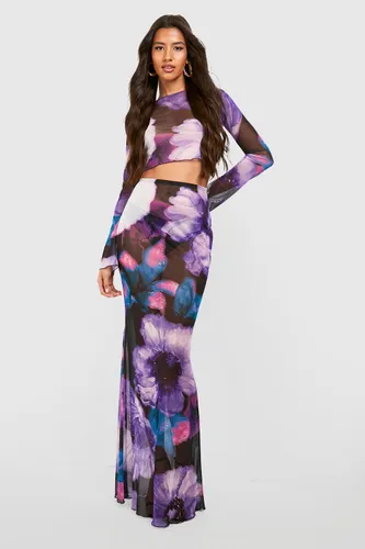 Womens Tall Floral Mesh Maxi Skirt - Purple - 6, Purple