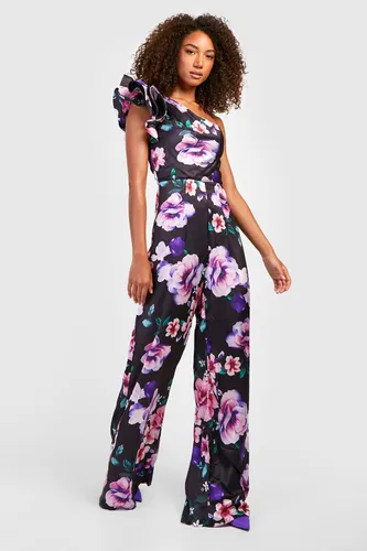 Womens Tall Floral One Shoulder Ruffle Jumpsuit - Black - 6, Black