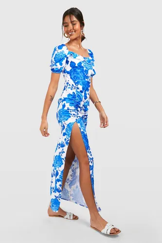 Womens Tall Floral Puff Sleeve Ruched Midaxi Dress - Blue - 6, Blue