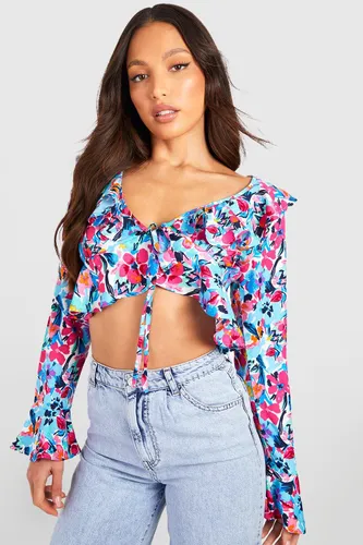 Womens Tall Floral Ruffle Tie Front Crop Blouse - Blue - 8, Blue