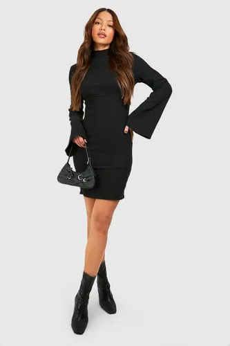 Womens Tall High Neck Flare Sleeve Mini Shift Dress - Black - 6, Black