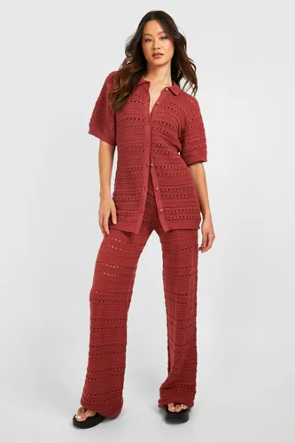 Womens Tall Knitted Shirt And Wide Leg Trouser Co-Ord - Red - 8, Red