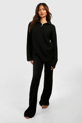 Womens Tall Knitted Zip Funnel Neck Wide Leg Lounge Set - Black - L, Black