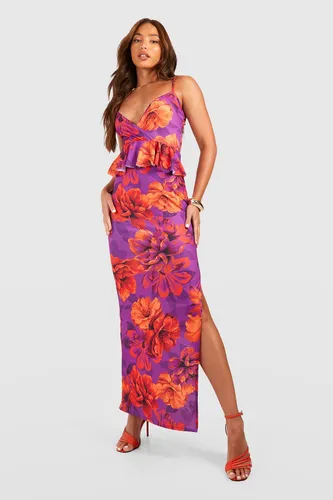 Womens Tall Large Floral Strappy Ruffle Maxi Dress - Purple - 10, Purple