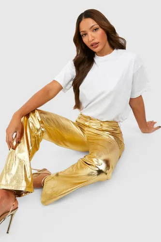 Womens Tall Metallic Leather Look High Waisted Straight Trousers - Gold - 8, Gold