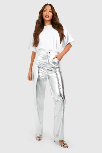 Womens Tall Metallic Leather Look High Waisted Straight Trousers - Grey - 14, Grey