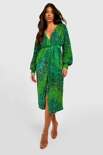 Womens Tall Panelled Sequin Belted Wrap Dress - Green - 6, Green