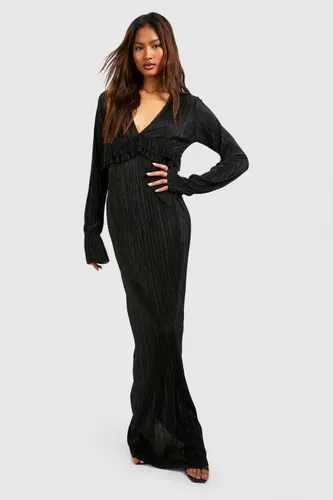 Womens Tall Plisse Frill Longsleeve Maxi Dress - Black - 6, Black