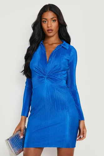 Womens Tall Plisse Knot Front Shirt Dress - Blue - 6, Blue