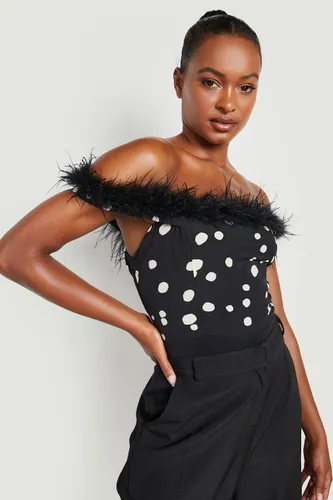 Womens Tall Polka Dot Feather Trim Bodysuit - Black - 6, Black