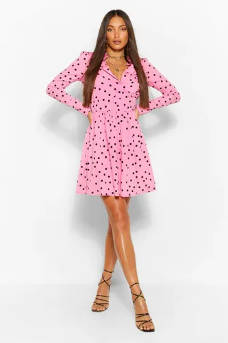 Womens Tall Polka Dot Skater Shirt Dress - Pink - 8, Pink
