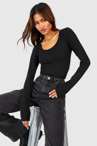 Womens Tall Premium Super Soft Scoop Neck Long Sleeve Bodysuit - Black - 6, Black