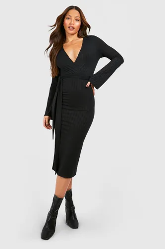 Womens Tall Rib Wrap Belted Flare Sleeve Midi Dress - Black - 6, Black