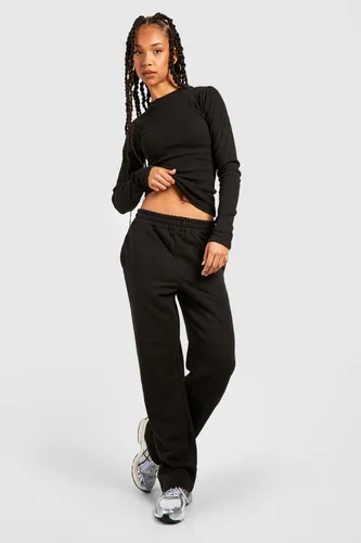 Womens Tall Ribbed Crew Neck Top And Jogger Set - Black - 12, Black