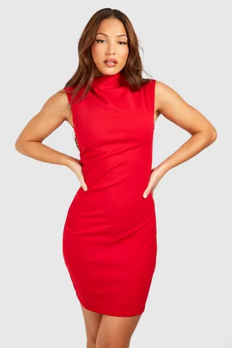 Womens Tall Ruched High Neck Shift Mini Dress - Red - 10, Red