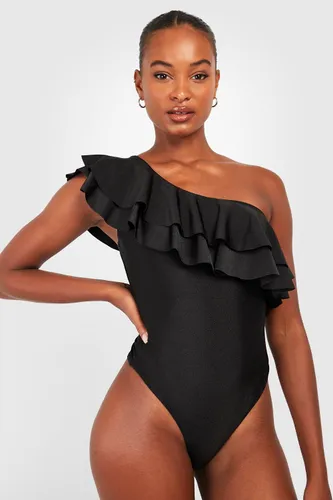 Womens Tall Ruffle Asymmetric Swimsuit - Black - 6, Black