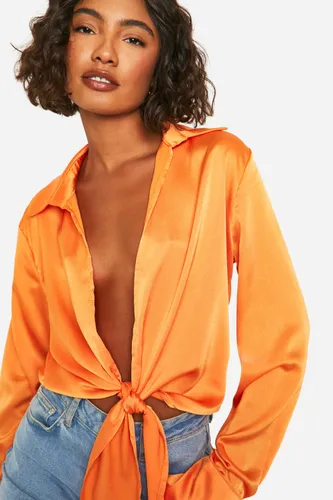 Womens Tall Satin Tie Front Shirt - Orange - 8, Orange