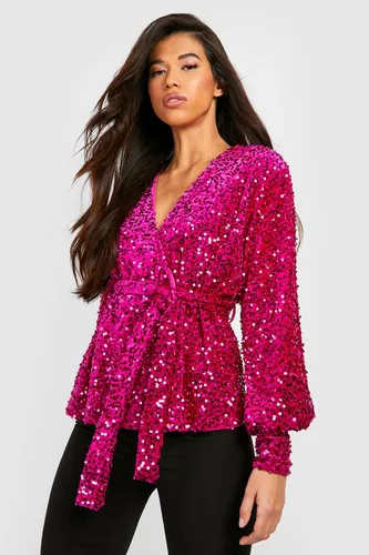 Womens Tall Sequin Velvet Wrap Top - Pink - 6, Pink