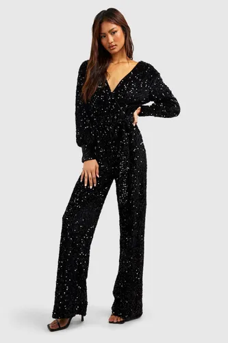 Womens Tall Sequin Wrap Belted Jumpsuit - Black - 6, Black