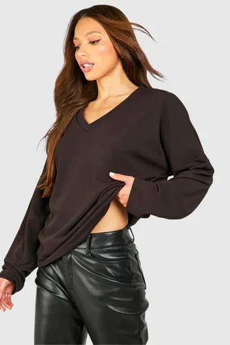 Womens Tall Skinny Rib Deep V Neck Oversized Relaxed Top - Brown - 6, Brown