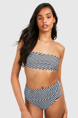 Womens Tall Stripe Bandeau High Waisted Bikini Set - Black - 6, Black