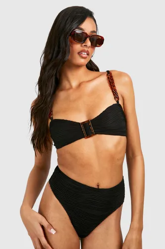 Womens Tall Textured Buckle Detail Bikini Set - Black - 8, Black